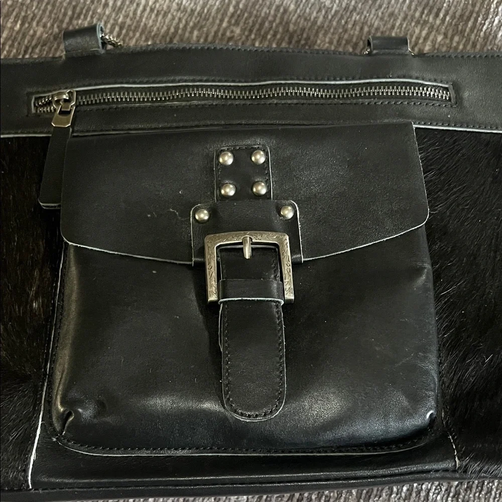 Montana West Black Leather/Pony Fur Tote Bag